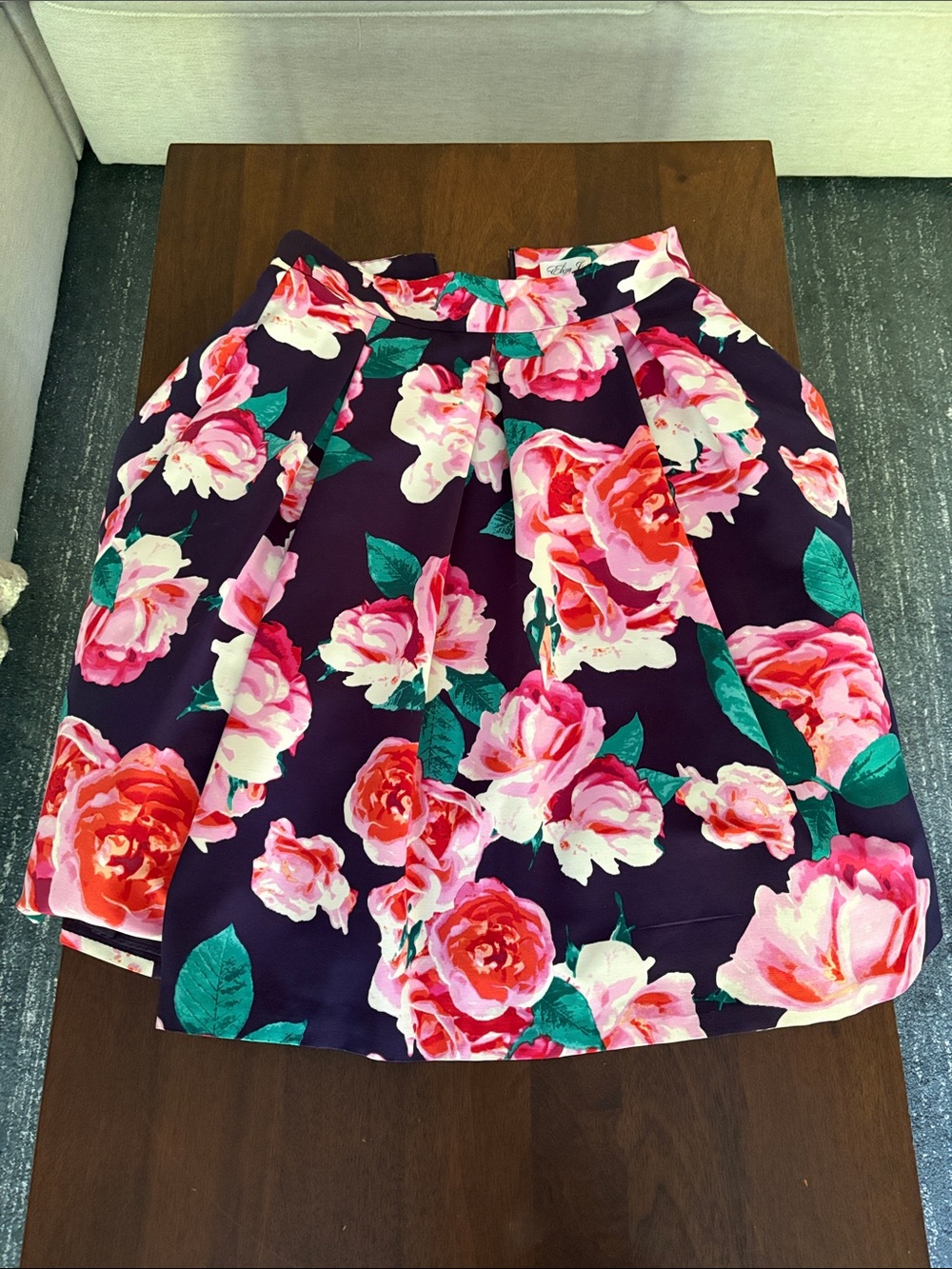 Eliza J Floral Pleated A-Line Skirt - Blue with Pink Rose Print- Size 8